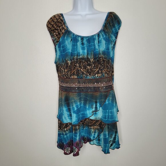 Vintage y2k brown blue grunge fairy sequins mixed print going out top size 14/16 - Picture 1 of 6